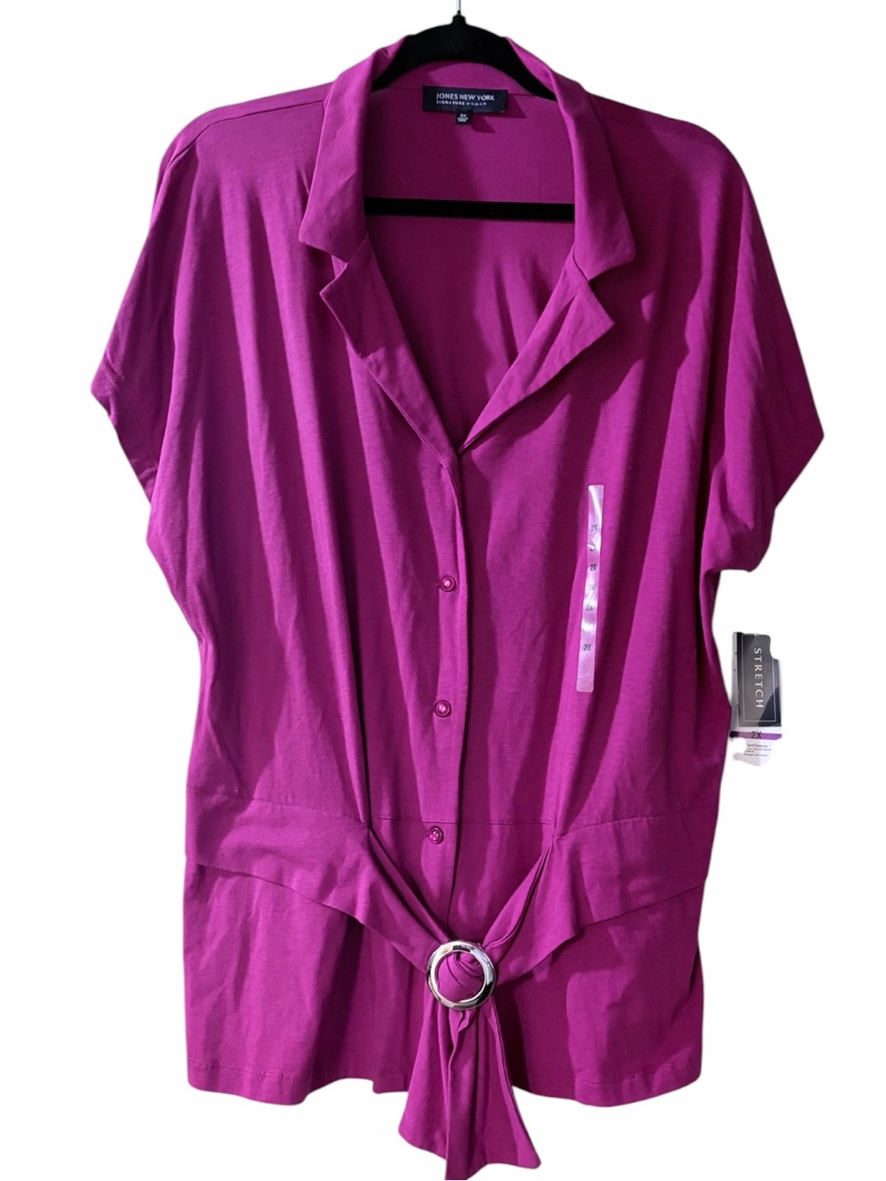 NWT Jones New York Plus Size Magenta Stretch Knit Button Front Collared Top 2X
